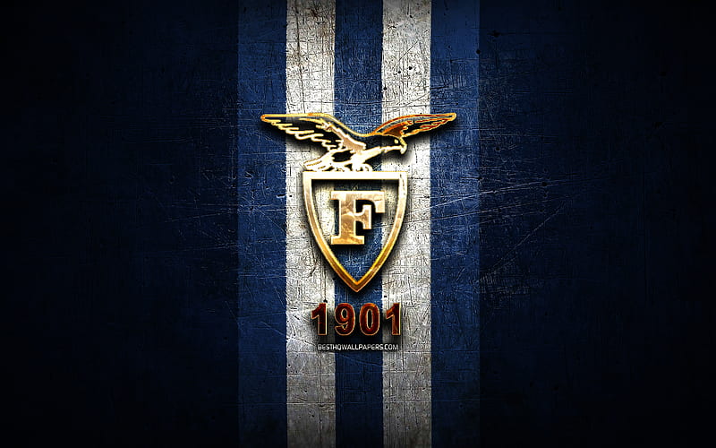 Fortitudo Bologna, golden logo, LBA, blue metal background, italian basketball club, Lega Basket Serie A, Fortitudo Bologna logo, basketball, Fortitudo Pallacanestro Bologna 103, HD wallpaper