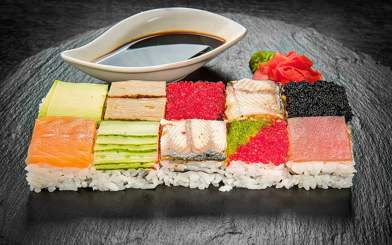 different sushi, Japanese food, seafood, Japanese dishes, rolls, red caviar, black caviar, sushi, HD wallpaper