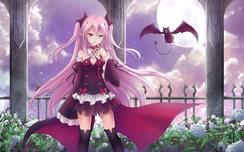 Anime, Moon, Flower, Fence, Smile, Collar, Dress, Vampire, Pink Hair, Long Hair, Pointed Ears, Twintails, Thigh Boots, Pink Eyes, Seraph Of The End, Krul Tepes, HD wallpaper