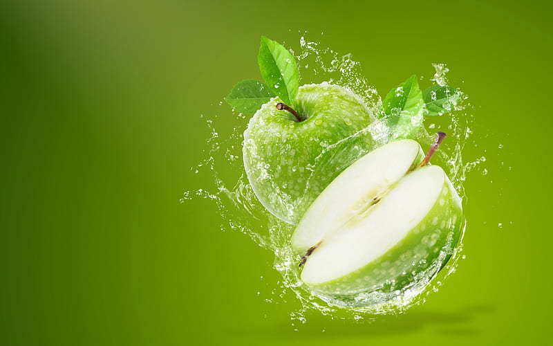 Green Apple, green, sea, splash, fruit, apple, water, HD wallpaper