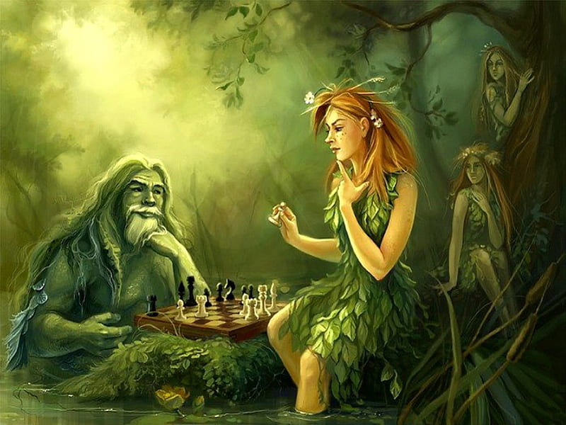 Play the game, fairys, forest, colorful, amazing, grass, colors, bonito, fairie, water, splendor, girl, green, ghosts, jungle, magical, chess, HD wallpaper