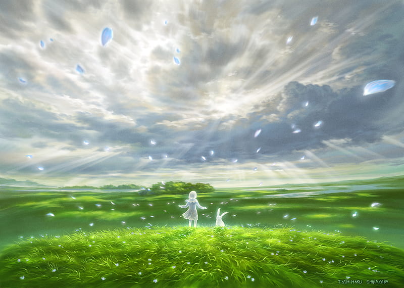 Peaceful Place, water, girl, grass, wind, anime, anime girl, clouds, HD wallpaper