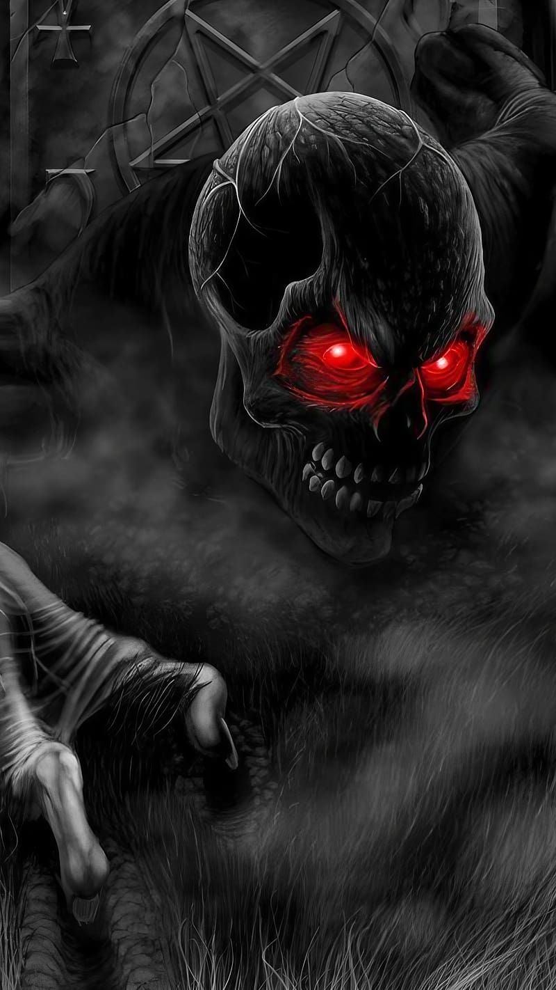 Most Danger, Black Skeleton, Smoky Effect, skull with red eyes, HD phone wallpaper