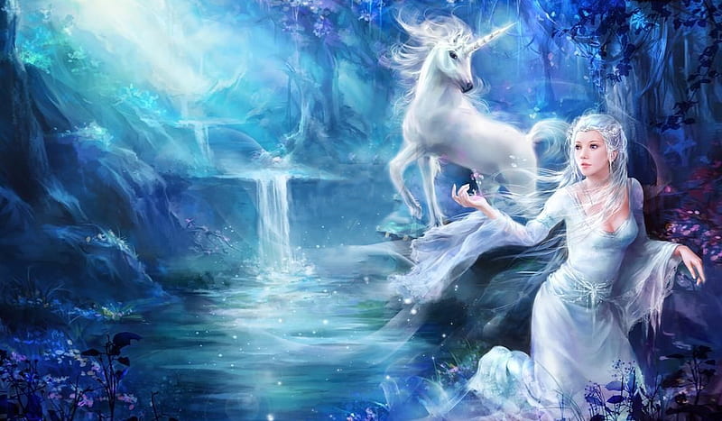 Land of Unicorns, dreamy, enchanting, fantasy girl, Magical, waterfall, Unicorn, white, blue, Water, HD wallpaper