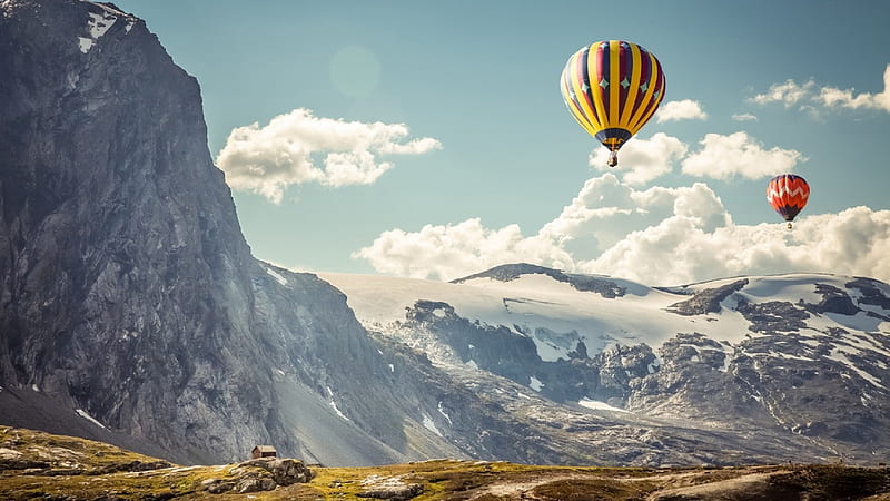 Colorful Hot Air Balloons over Mountain Landscape, Mountains, Sky, Hot Air Balloons, Landscapes, Nature, HD wallpaper