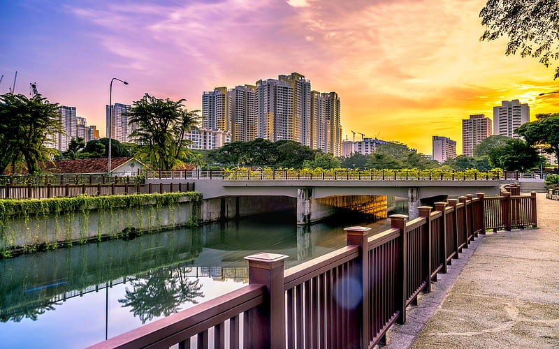 Singapore, eveining, modern buildings, canal, Asia, HD wallpaper