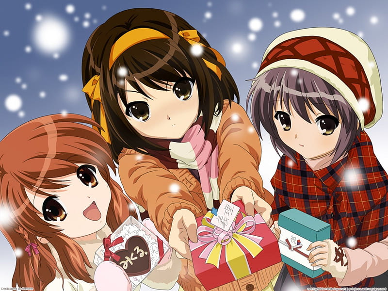 Anime girls with gifts, girls, anime, hat, gifts, HD wallpaper