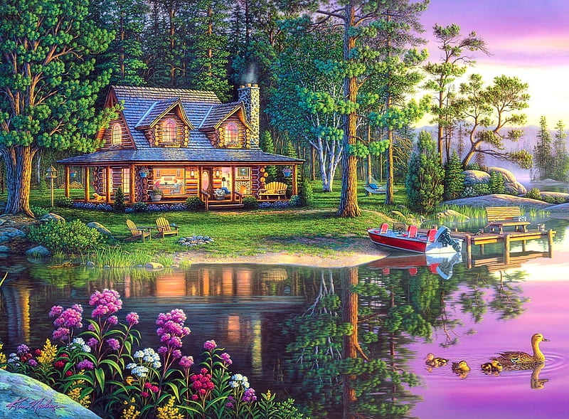 Golden Moments, lakes, houses, love four seasons, ducks, attractions in dreams, springs, boat, paintings, flowers, nature, cabins, HD wallpaper
