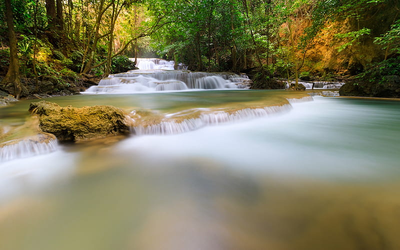 Thailand, forest waterfall, jungle, river, blue water, tropics, HD wallpaper