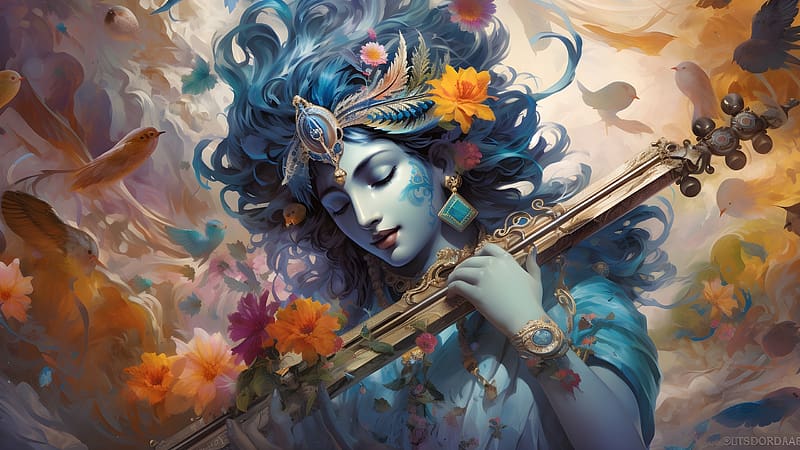 ❦, Portrait, Fantasy, Birds, Heaven, Music, Krishna, HD wallpaper