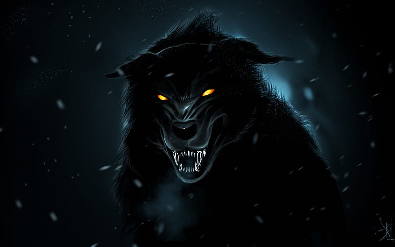 black wolf art, night, predators, wolf, HD wallpaper