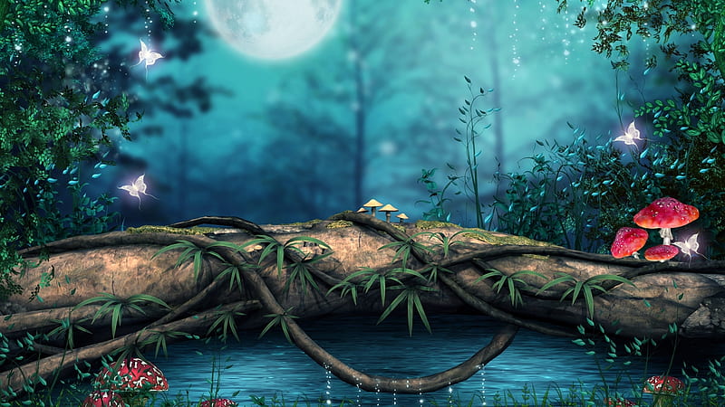 fantasy forest, mushrooms, moon, trunk, glowing butterflies, Fantasy, HD wallpaper