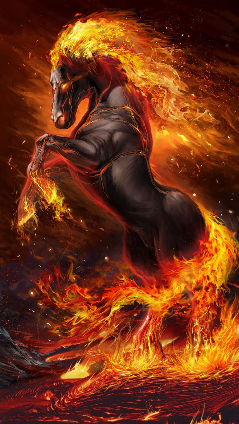 fire horse, animal, black, fantasy, HD phone wallpaper