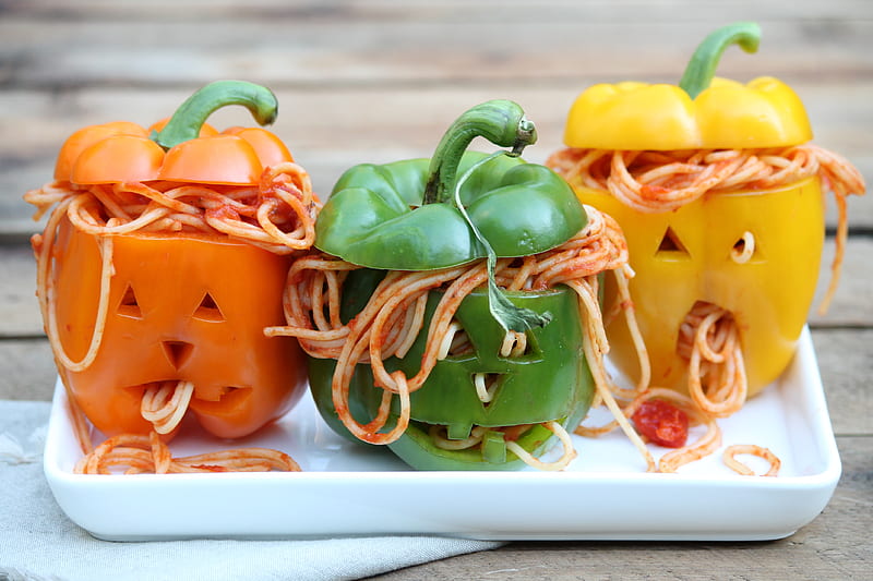 $paghetti peppers, spaghetti, orange, green, food, halloween, yellow, funny, pepper, trio, HD wallpaper