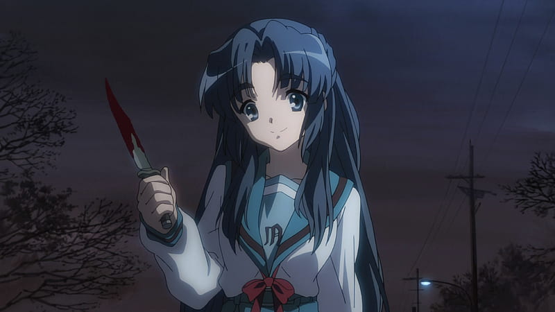Asakura Ryoko, creepy, the melancholy of haruhi suzumiya, long hair, the disappearance of haruhi suzumiya, yandere, knife, blood, HD wallpaper