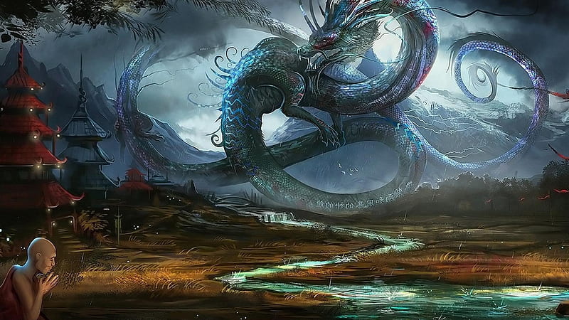 Fantasy Dragon Worshiped By A Man Dreamy, HD wallpaper