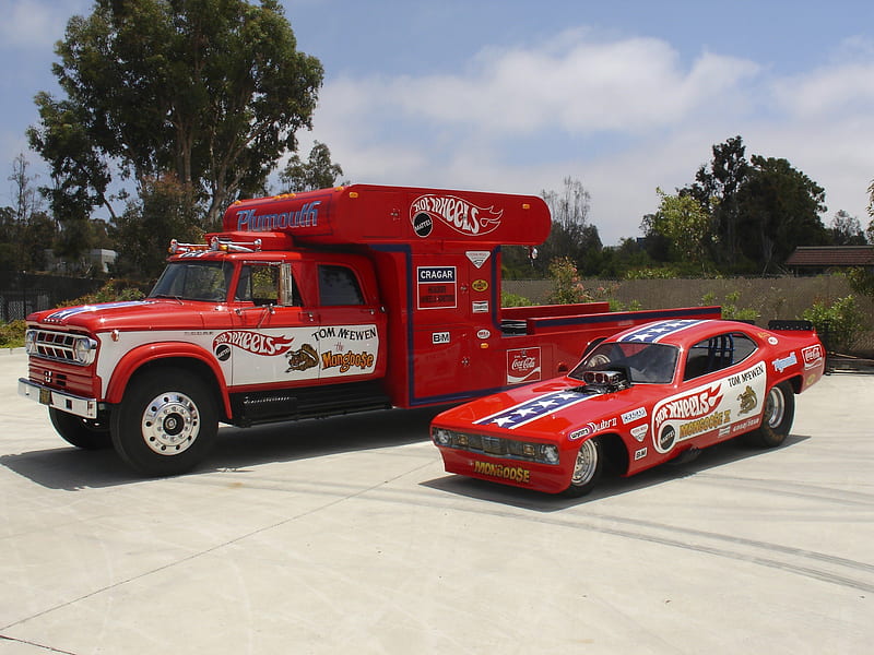 Hauler & Mongoose Funny Car, Classic, Plymouth, Red, Truck, HD wallpaper