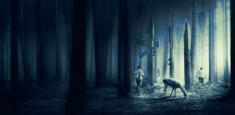 The Hunt, forest, artist, artwork, digital-art, deer, guns, HD wallpaper