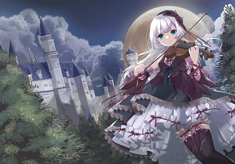 gothic anime girl, violin, instrument, dress, white hair, anime castle, Anime, HD wallpaper