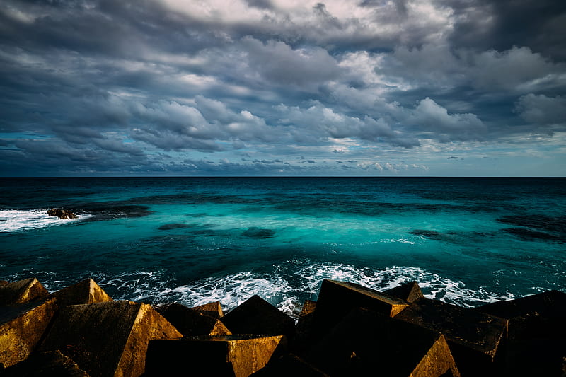 ocean, surf, horizon, coast, clouds, sky, HD wallpaper
