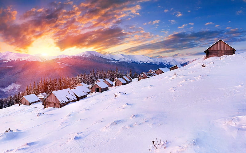 2018 Winter snow mountains wood house sunset, HD wallpaper