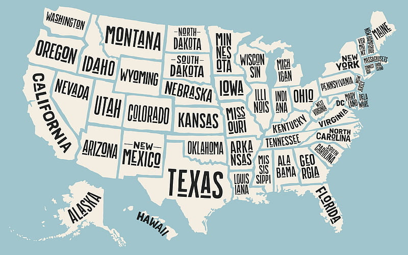 Map of the USA, creative art, July 4, USA, state map, US states, typography, HD wallpaper