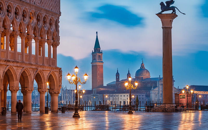 San Giorgio Maggiore, church, Venice, evening, sunset, square, lanterns, landmark, Italy, Venice cityscape, HD wallpaper