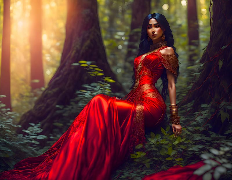 Red Queen, beautiful, girl, forest, red dress, woman, art, beauty, digital, fantasy, lamamake, ai, HD wallpaper