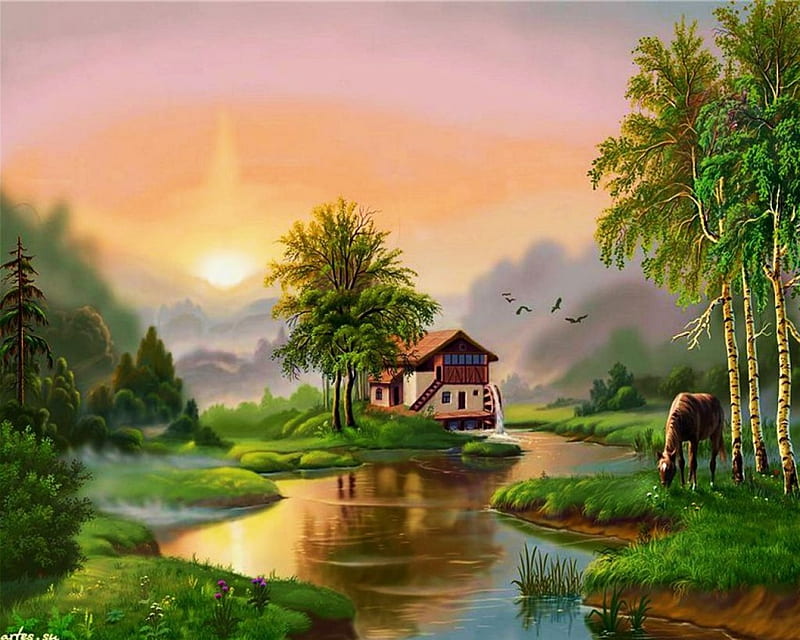 Riverside Landscape, house, watermill, painting, river, sunset, horse, artwork, HD wallpaper