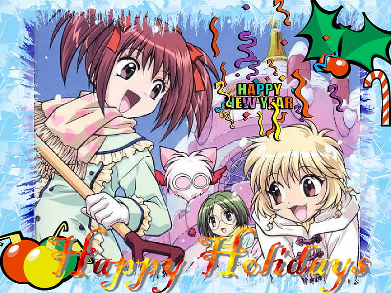 Happy Holidays & New Year!, purin, cafe, strawberry, ucha, lettuce, streamers, anime, coats, mew mews, ortaments, candy cane, happy holidays, ichigo, new year, mew mew power, cute, tokyo mew mew, snow, ice, pudding, HD wallpaper