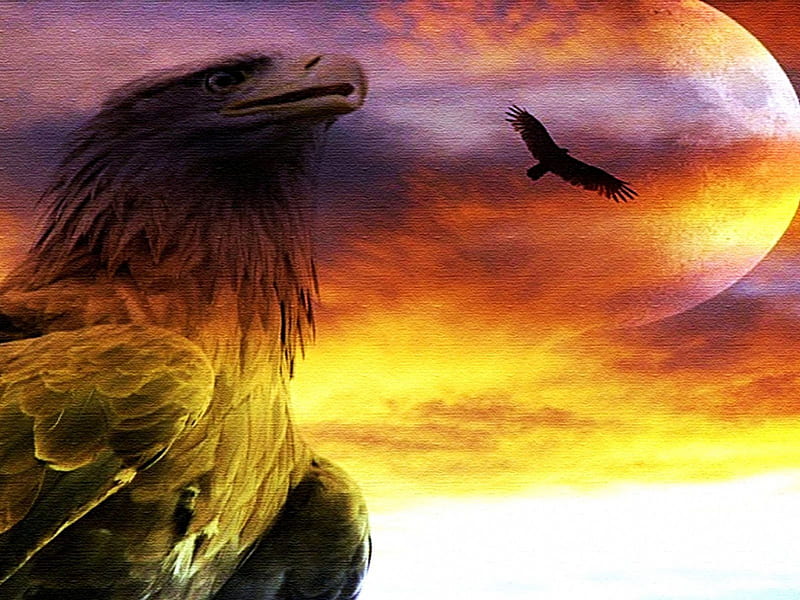 Eagles, fantasy, planet, flying, painting, majestic, clouds, sky, artwork, HD wallpaper