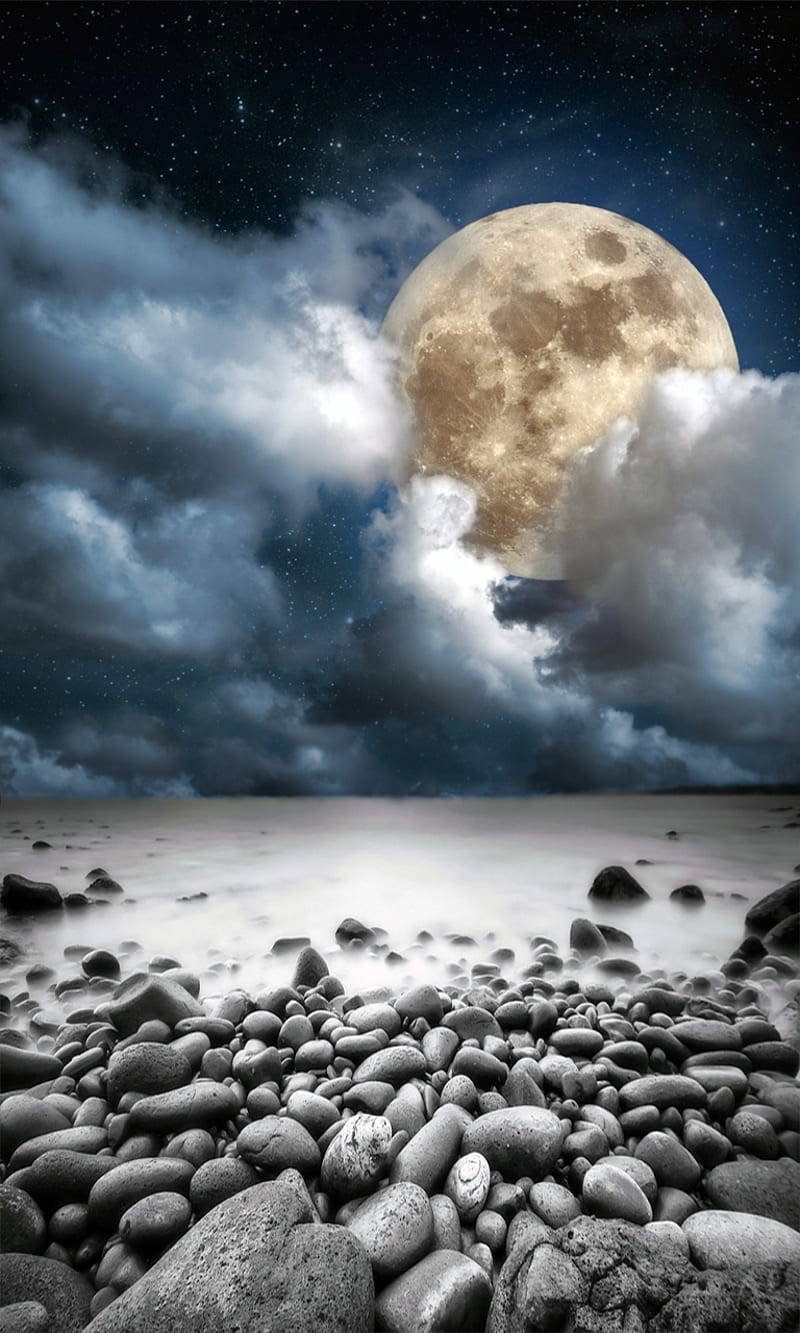 Moonlight, beach, full, moon, night, stones, HD phone wallpaper