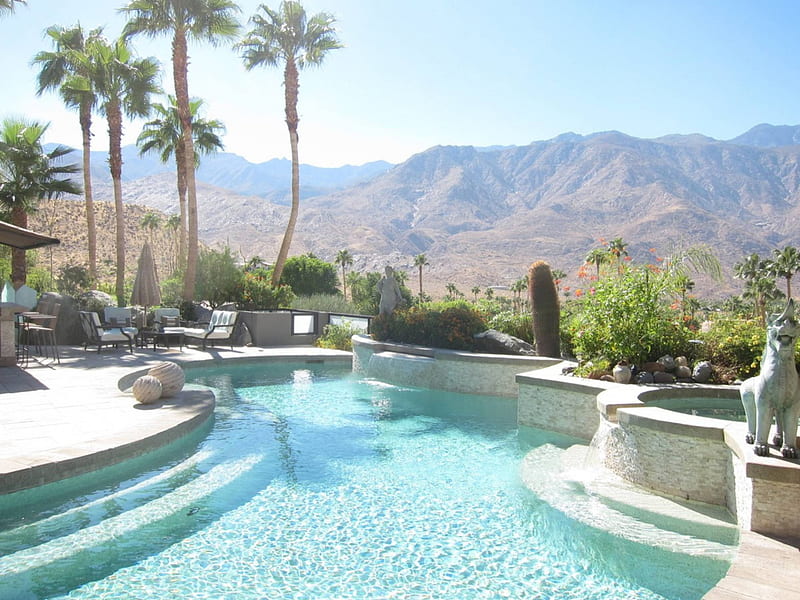 Mid Century Modern House and Garden In Palm Springs Desert and Mountains California, house, sun, retreat, villa, Palm Springs, palm trees, modern, California, hot, mid century, america, swimming, desert, USA, cactus, pool, water, paradise, oasis, mountains, garden, hideaway, HD wallpaper