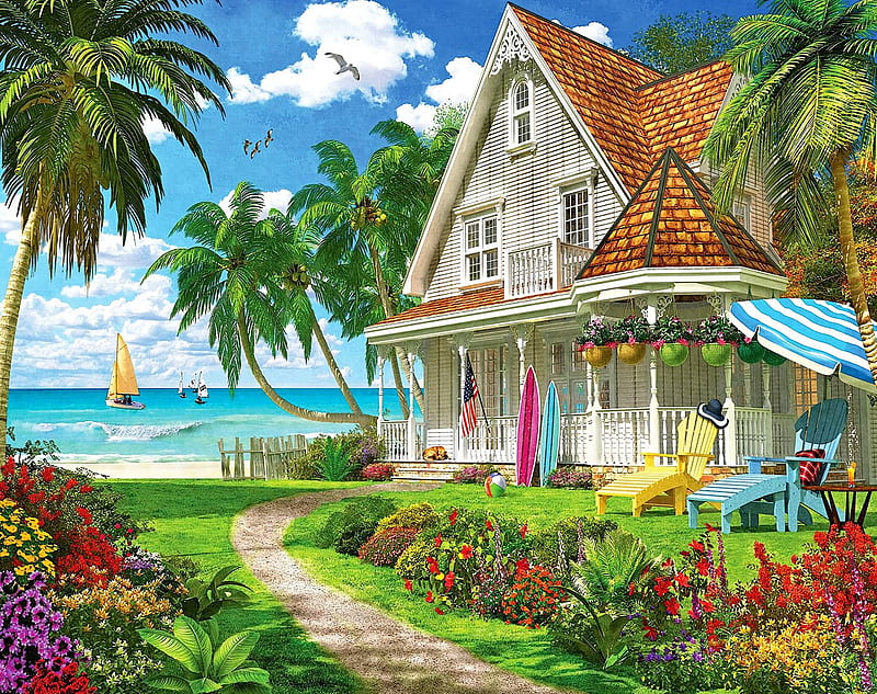 house by the sea, paintings, bonito, sea, houses, HD wallpaper