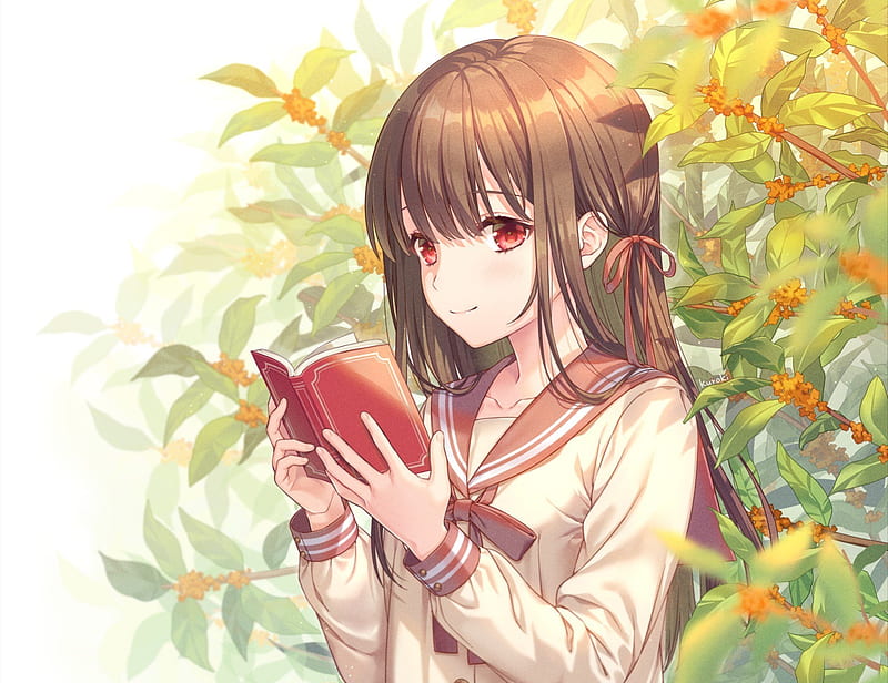 Anime school girl, reading a book, brown hair, Anime, HD wallpaper | Peakpx