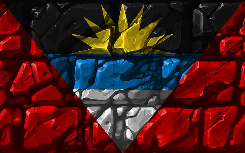 Antigua and Barbuda flag, brickwall North American countries, national symbols, Flag of Antigua and Barbuda, creative, Antigua and Barbuda, North America, Antigua and Barbuda 3D flag, HD wallpaper