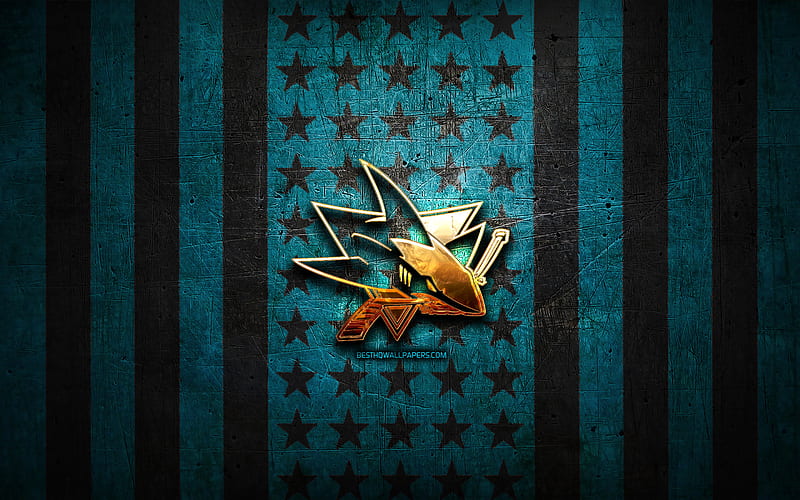 San Jose Sharks flag, NHL, blue black metal background, american hockey team, San Jose Sharks logo, USA, hockey, golden logo, San Jose Sharks, HD wallpaper
