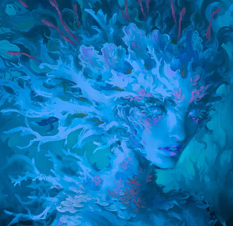 Coralia, blue, felipe castro, art, fantasy, face, water, creature, HD wallpaper