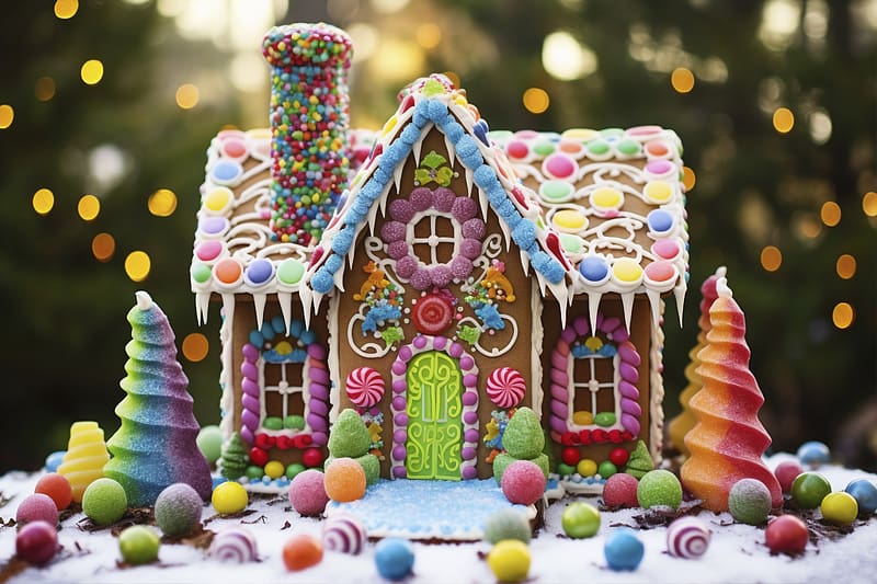 Gingerbread house, Lights, Snow, Cookies, Ornaments, Candy, Dessert, Roof, HD wallpaper