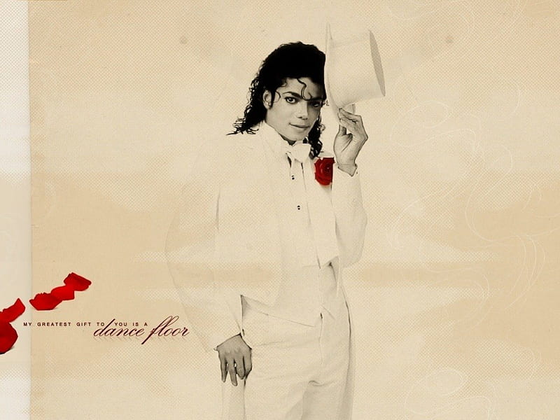 The gift from life to me, michael jackson, music, king of pop, smile, gift, in white, singer, dancer, hat, gentleman, love, petals, star, genis, HD wallpaper