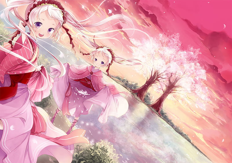 Pink Spring, sakura, scenic, lovely, lolita, sunset, trees, lake, cute ...