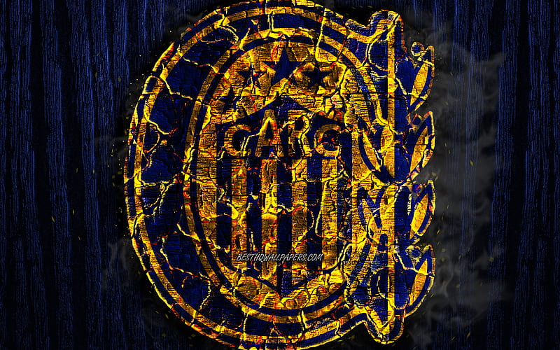 CA Rosario Central, scorched logo, Argentine Primera Division, blue wooden background, Argentinean football club, Argentine Superleague, grunge, Rosario Central FC, soccer, Rosario Central logo, Argentina, HD wallpaper