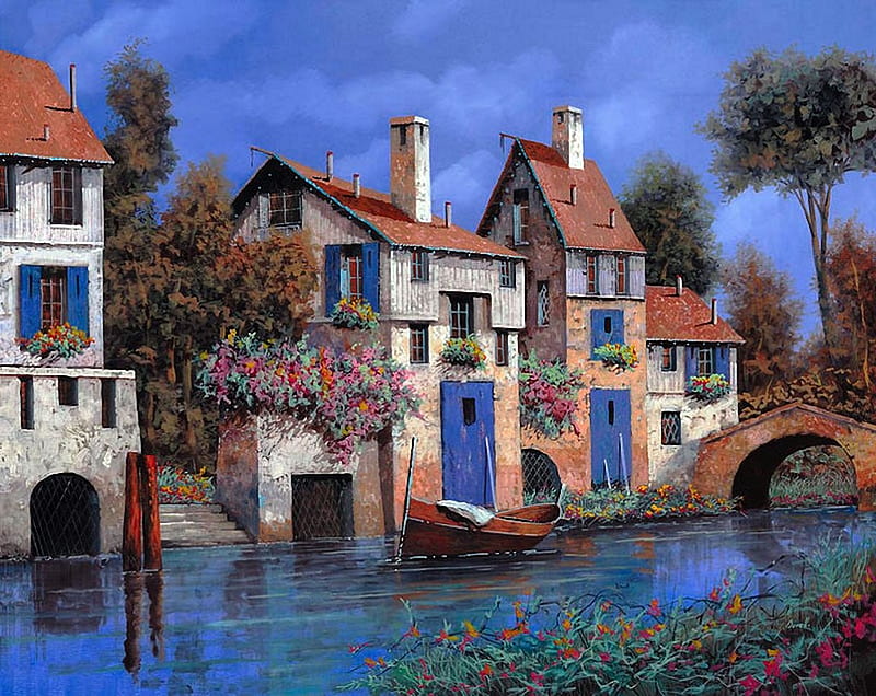 Village at River, boat, bridge, houses, painting, trees, old, artwork, vintage, HD wallpaper