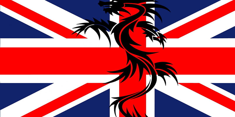 Union Jack With Dragon, british flag, union flag, britain, british, union jack, black dragon, great britain, HD wallpaper