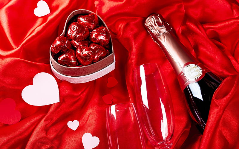 Valentine's Day, candy, valentine, champaign, chocolate, drink, HD wallpaper