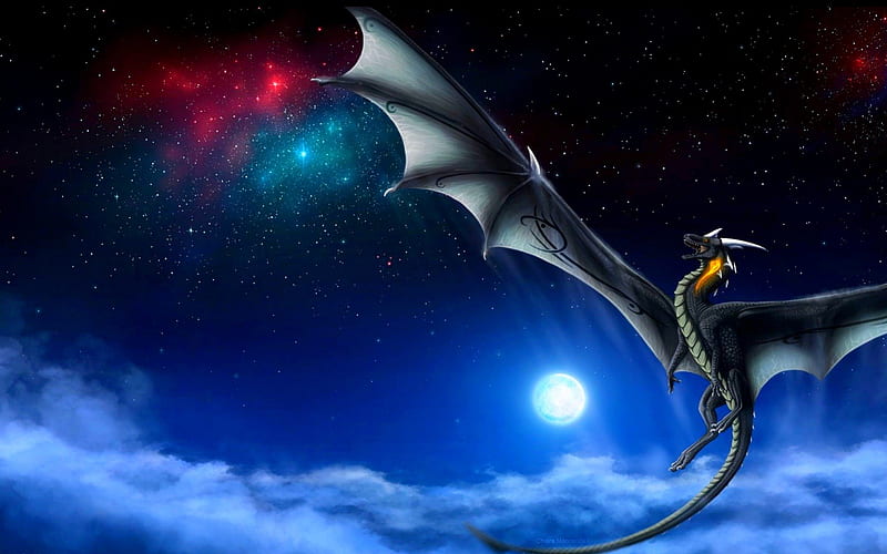 MYSTIQUE CREATURE, wings, tail, sky , flying, Fiction, dragon, sky, night, HD wallpaper