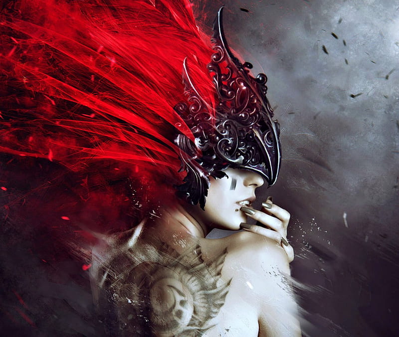 Red head, fantasy, girl, feather, tattoo, streetX222, mask, woman, HD wallpaper