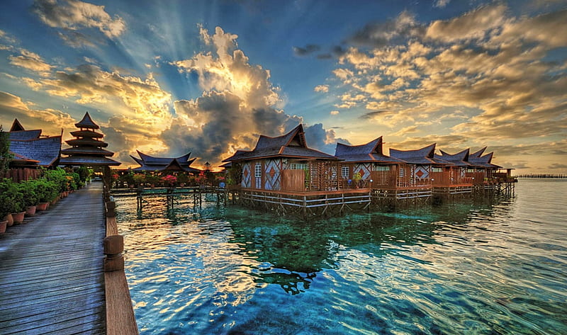 Heaven Up And Down Too, resort, dive, lovely, turquoise waters, bonito, sky, clouds, walkway, paradise, bungalows, flowers, sunrise, tropical, HD wallpaper