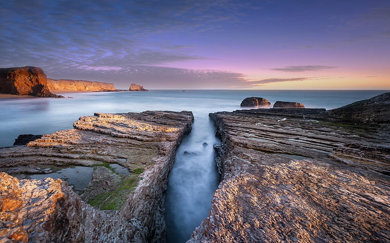 dawn, coast, water, ocean, rocks, HD wallpaper