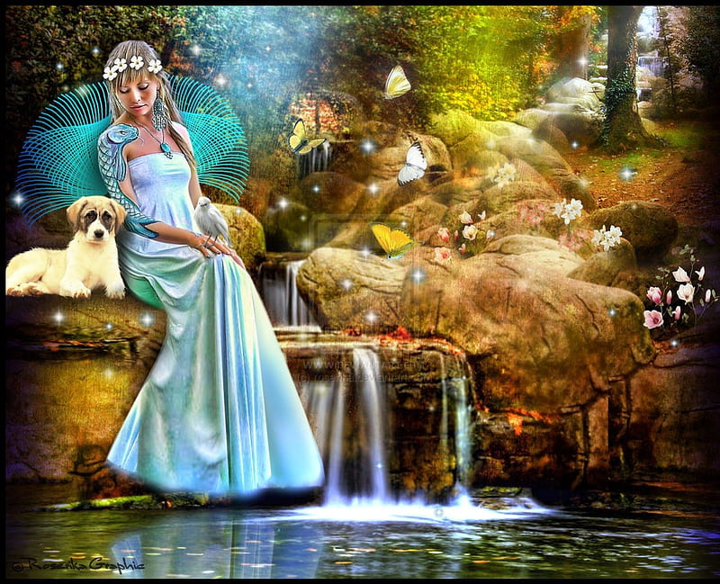 ~Waterfall is a Natural Treasure~, rocks, pretty, grass, women, sweet, fantasy, splendor, manipulation, waterfall, flowers, forests, face, wings, fishes, lovely, models, birds, lips, trees, rests, cool, abundant, eyes, dogs, colorful, dress, splendid, bonito, digital art, atmosphere, hair, leaves, relaxs, treasure, girls, magnificent, puppy, animals, female, colors, butterflies, plants, nature, reflections, HD wallpaper